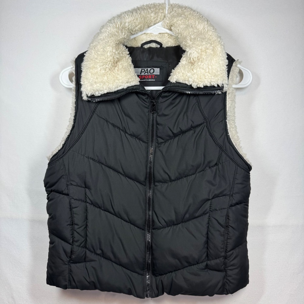 PAO Sport Women's Black Puffer Vest Faux Fur Collar Winter Warm Sz‎ Medium